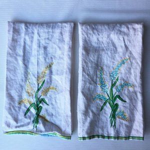 2 Vintage Linen Kitchen Dish Towel Fabric Corn Plant Art Farm Country Rustic